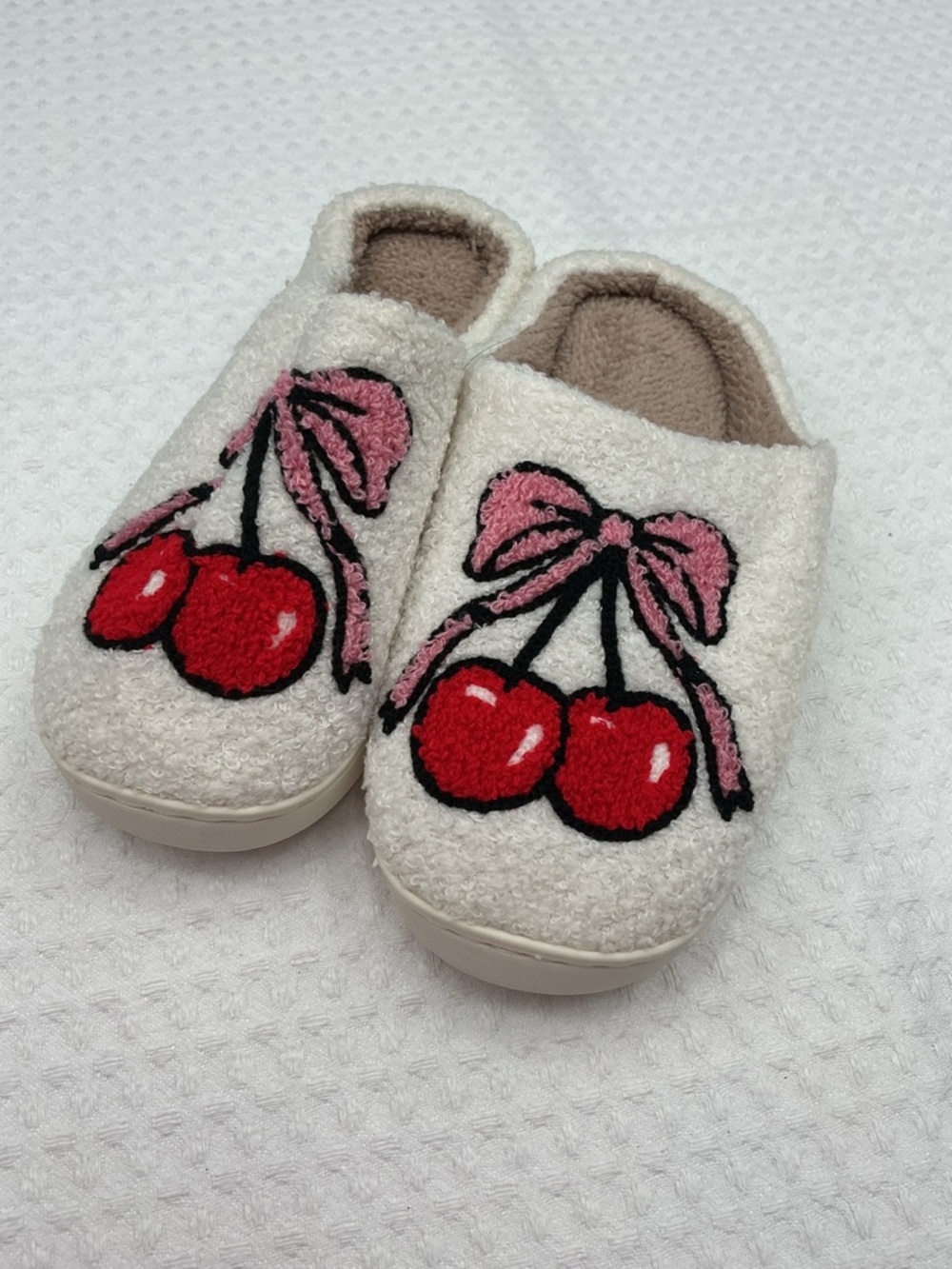 Cream Cozy Slippers with Red Cherry & Pink Bow
